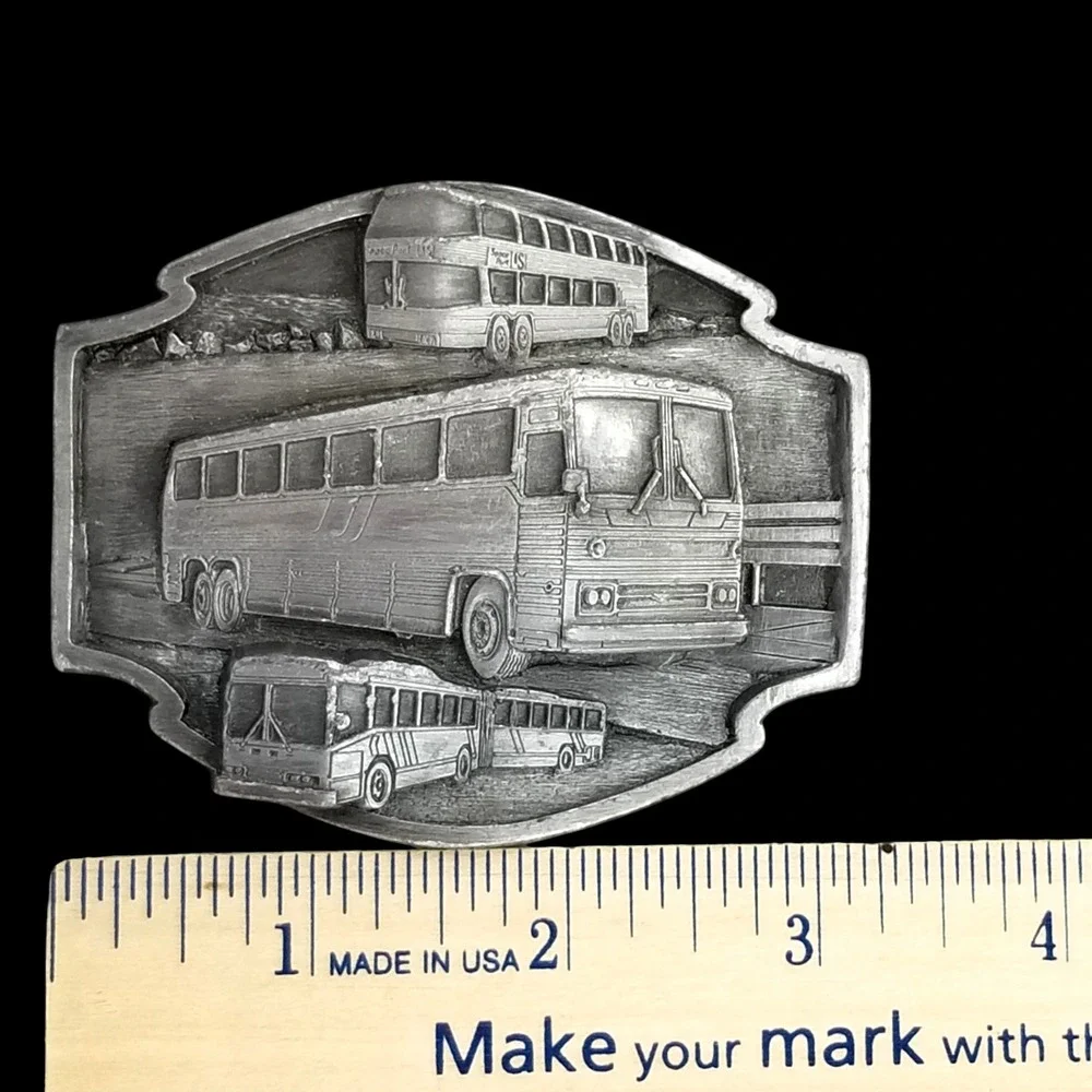 Vintage Buses Move The World Belt‎ Buckle USA Made Pewter Novelty Transportation